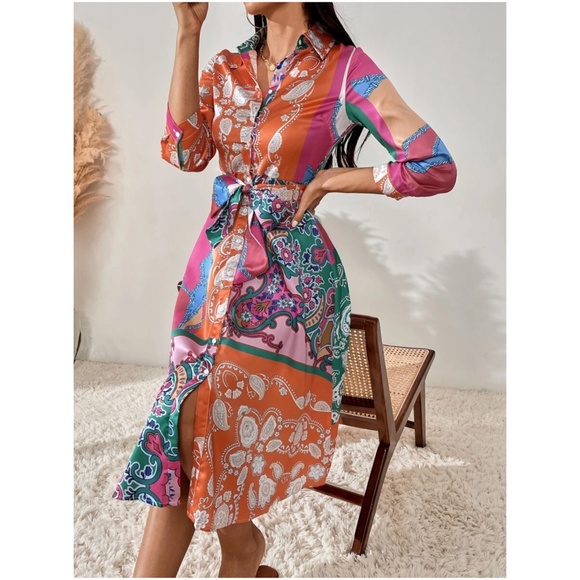 Boho Paisley Print Button up Satin Dress - Picture 3 of 7